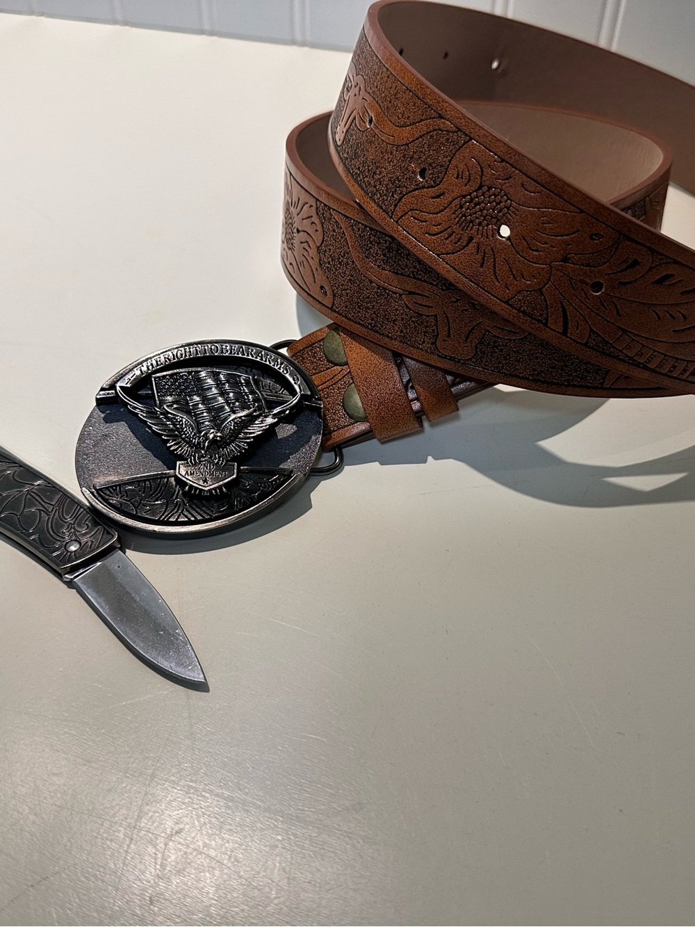 Brown Tooled Leather Belt with Eagle Buckle
